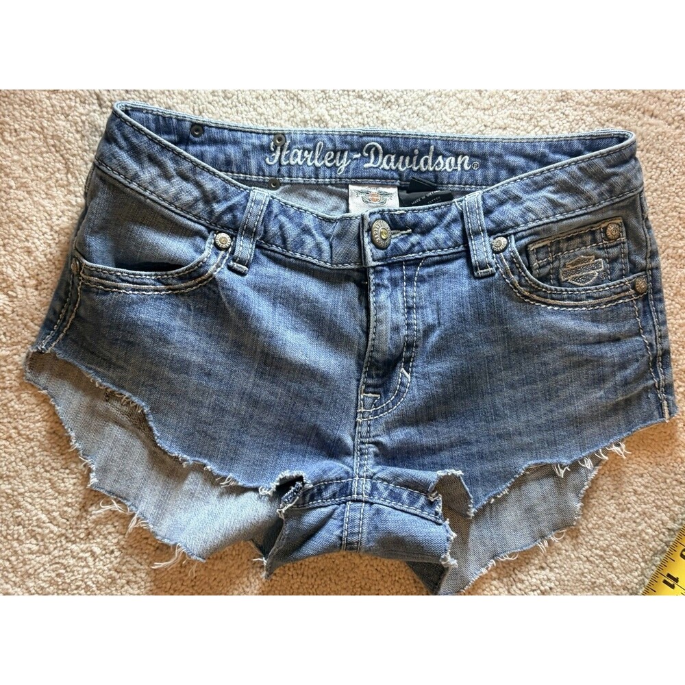 Harley Davidson Women’s Deniem Cutoff Petite Size 6 Studded Pocket Distressed
